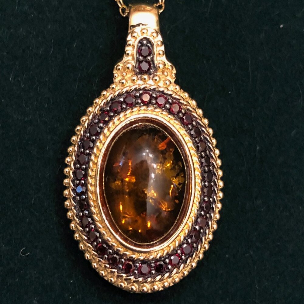 Oval Amber & .43CTW Round Vermelho Garnet (TM) 18K Gold Over Silver Pendant